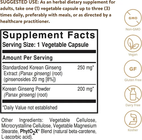 Miniatura 2 de Solgar, Extracto de Raíz de Ginseng Coreano de Máxima Potencia Estandarizado, Cápsulas Vegetales, E4138, 1, 1