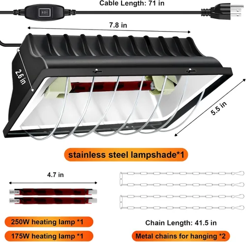 Miniatura 3 de Lámpara de calefacción de gallinero de 250 W, temperatura de calefacción ajustable y altura para colgar, con pantalla de aleación de aluminio