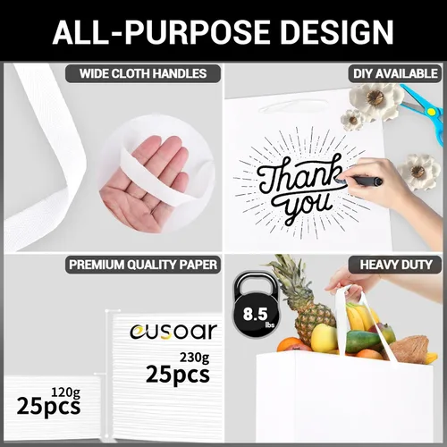 Miniatura 3 de EUSOAR Bolsas de papel blanco para regalo a granel, paquete de 25 bolsas de 10.6 x 3.1 x 8.3 pulgadas, tamaño mediano, resistentes con asas