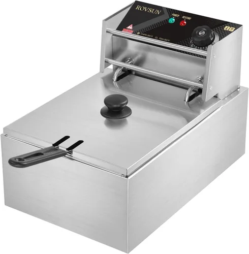 ROVSUN Freidora eléctrica de 11.4 cuartos de galón con cesta y tapa, freidora de cocina comercial de 2500 W, freidora francesa de acero inoxidable