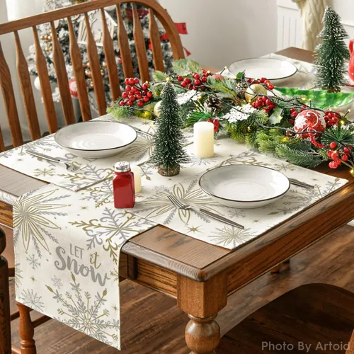 Miniatura 5 de Artoid Mode Juego de 4 manteles individuales de mesa con diseño de copo de nieve beige Let It Snow de invierno, 12 x 18 pulgadas, manteles de mesa