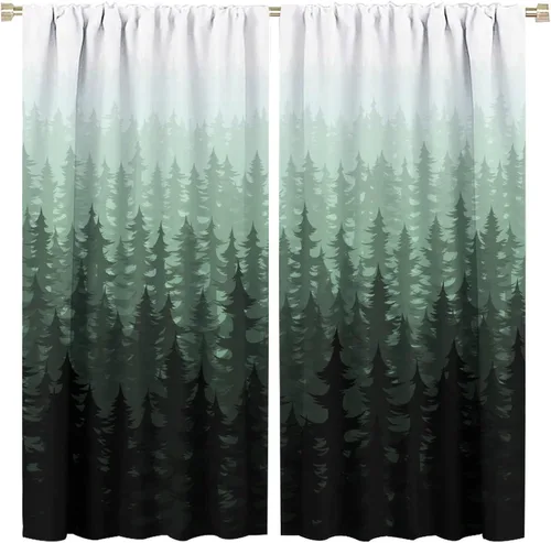 Miniatura 25 de BAEKJIN Cortinas verdes de bosque brumoso, acuarela, naturaleza, paisaje, plantas, árbol, bolsillo para barra, opacas, tratamiento de ventana