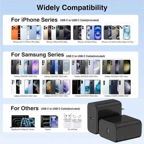 Miniatura 6 de Hzevn Bloque de cargador de pared rápida USB C de 60 W para teléfonos Galaxy S26 Android, paquete de 3 adaptadores de cargador súper rápido