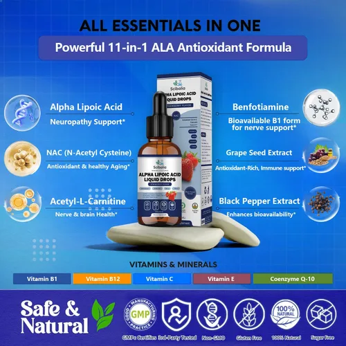 Miniatura 2 de Gotas líquidas de ácido alfa lipoico de 1000 mg, suplemento de ALA 11 en 1 de fuerza máxima con acetil L-carnitina benfotiamina y B1 B12 C E, ácido