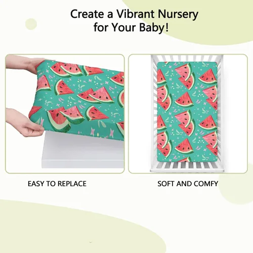 Miniatura 6 de Sábanas bajeras ajustables para cuna pequeña con temática de sandía, sábanas portátiles para cuna de material ultra suave, sábana de colchón