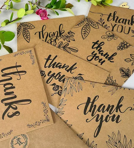 Miniatura 2 de 150 tarjetas de agradecimiento con sobres y calcomanías de papel kraft marrón a juego, 10 diseños elegantes de papel kraft a granel, notas en blanco