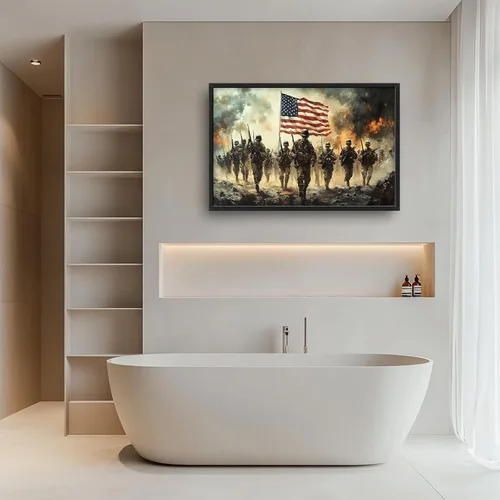 Miniatura 6 de Arte de pared grande de soldado para sala de estar, bandera patriótica de Estados Unidos, decoración en lienzo con marco militar, impresiones