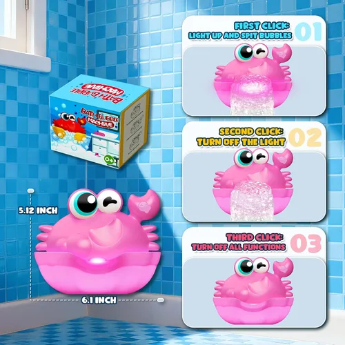 Miniatura 7 de Juguetes de baño para niños de 1 a 3 años, juguetes de baño iluminados para bebés, creador de burbujas de cangrejo con luz colorida, regalos de Rosa