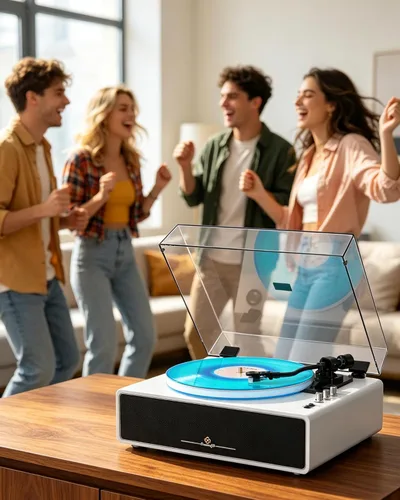 Miniatura 7 de Reproductor de discos con cuatro bocinas estéreo integradas, tres modos de iluminación LED, cartucho AT-3600L, reproductor de vinilos todo en uno