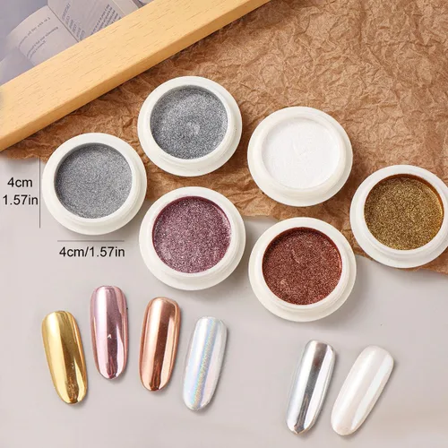 Miniatura 9 de Juego de polvos de uñas cromados, 6 colores metálicos dorados, plateados, rosas, rosas, blancos, espejos, polvos de uñas, pigmento holográfico