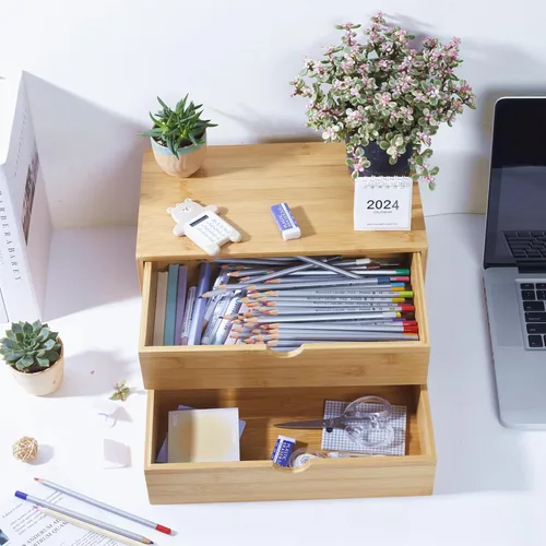 Miniatura 6 de Charmewooden Organizador de escritorio de bambú con cajones, organizador de encimera con cajones, cajón de almacenamiento de maquillaje, 2 cajones