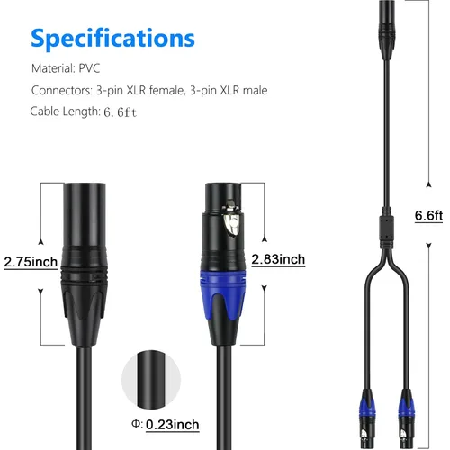 Miniatura 10 de LanSenSu 1 micrófono divisor XLR Y macho a 2 hembras, XLR hembra de 3 pines a doble XLR macho Y-Splitter Cables de audio de micrófono equilibrado