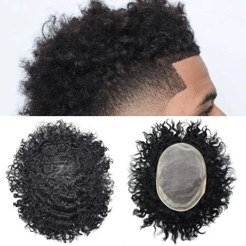 Miniatura 8 de Afro - Tupé para hombre, duradero, base fina, mono, rizado, cabello ondulado africano, piezas para hombres negros, mono encaje de poliuretano