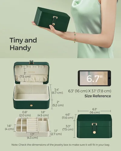 Miniatura 3 de SONGMICS Caja organizadora de joyas, estuche de viaje de 2 capas para aretes, collares, pulseras, almacenamiento portátil de joyas con gran Verde