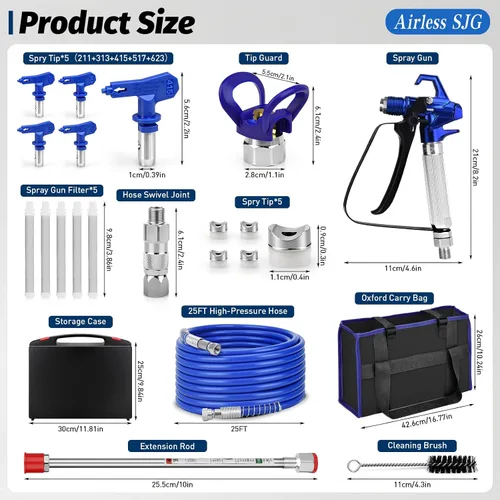 Miniatura 2 de 18 piezas Kit de pistola pulverizadora de pintura sin aire 3600PSI, con manguera de alta presión de 25 pies, varilla de extensión y puntas