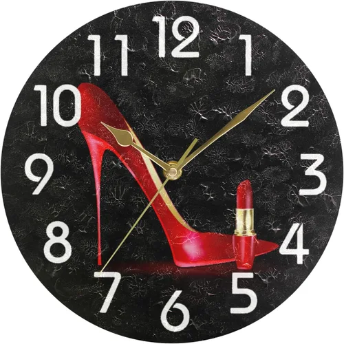 Naanle Reloj de pared redondo negro con lápiz labial, de 9.5 pulgadas, funciona con pilas, de cuarzo, silencioso, analógico, silencioso, para el