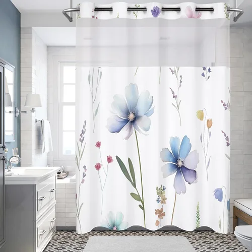 Juego de cortina de ducha sin gancho con forro a presión, diseño floral moderno para baño, tela sin anillo, cortinas de flores impresas en acuarela