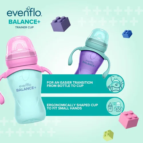 Miniatura 4 de Evenflo Balance+ Tazas de entrenamiento para bebés de 6 meses en adelante, morado y menta, diseño ergonómico con asas, 9 onzas, paquete de 2
