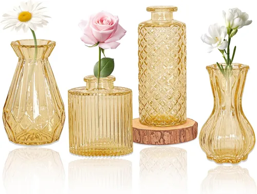 Miniatura 13 de Juego de 4 jarrones de cristal para brotes, pequeños jarrones de flores transparentes vintage como centros de mesa para mesa a granel, lindos mini