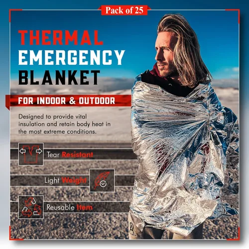 Miniatura 2 de Mart Cobra Manta de Emergencia 25-Paquete Mantas Espaciales de Mylar Equipo y Suministros de Supervivencia Reutilizables Mantas Térmicas Esenciales