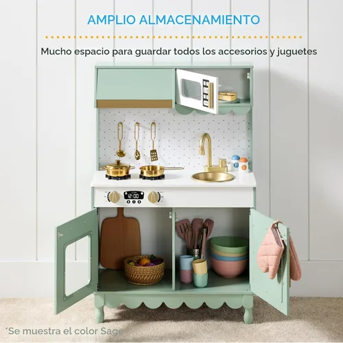 Miniatura 2 de Best Choice Products - Juguetes de madera para niños, cocina de simulación con almacenamiento, borde festoneado, 5 accesorios, microondas, horno