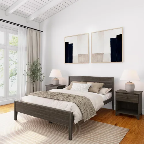 Miniatura 17 de Plank+Beam Estructura de cama individual de madera maciza, cama plataforma con cabecero, color nogal