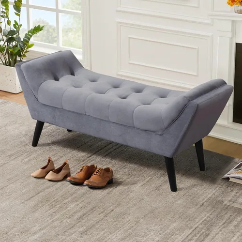 Miniatura 11 de Alunaune Banco otomano de terciopelo para dormitorio, banco de entrada tapizado, reposapiés otomano con patas de madera, 2 plazas, color gris oscuro