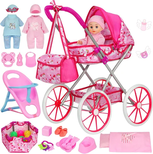 DRAMATION Juego de cochecito de bebé para niñas pequeñas de 3-5, 4-6, juego de muñecas con muñeca de 11 pulgadas, cochecito de muñeca de unicornio