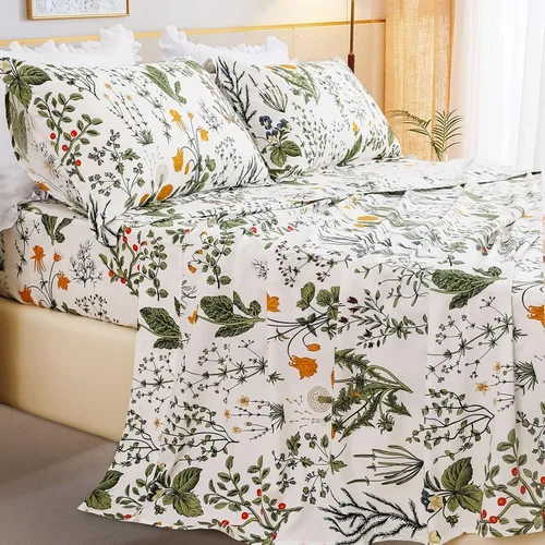 Miniatura 2 de QSH Sábanas 100% Algodón para Cama Tamaño Queen, Patrón Botánico de Plantas con Flores Amarillas, Sábanas de Cama Florales Impresas de Algodón
