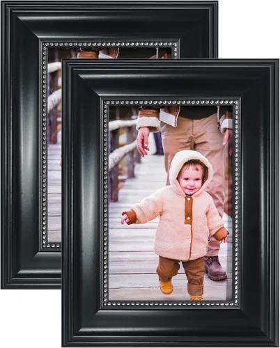 GraduationMall Marcos de fotos de 4 x 6, vidrio real, fotos para pared o mesa, color negro con cuentas plateadas, paquete de 2