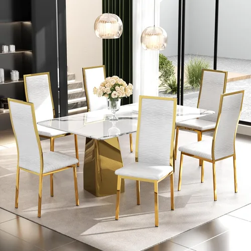 Miniatura 18 de Juego de 4 sillas de comedor modernas, de piel sintética blanca con patas de metal cromado dorado, diseño de respaldo alto curvo y acolchado