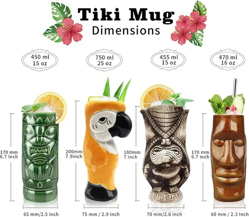 Miniatura 2 de LINALL Juego de 4 tazas de cóctel Tiki – Tazas de cóctel hawaianas de cerámica grandes, vasos de cóctel exóticos, Tiki Bar Profesional Hawaiano
