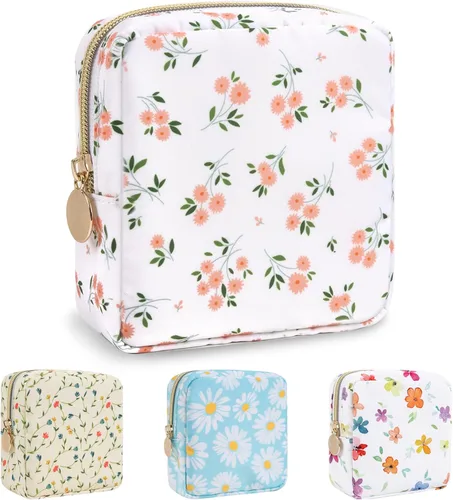 Miniatura 64 de izuzta Bolsa de maquillaje pequeña de nylon para bolso, linda bolsa de cosméticos con cremallera, bolsa de maquillaje preppy, Azul, Mini 2-Azul