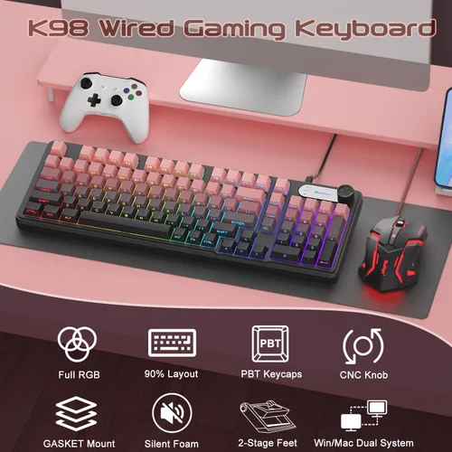 Miniatura 6 de BlueFinger Teclado RGB para juegos, teclado USB con cable de 98 teclas con retroiluminación arcoíris, perilla de volumen y pantalla, escritura