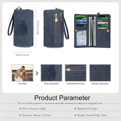 Miniatura 2 de Billeteras de fotos personalizadas para mujer, de cuero plegable con bolsillo con cremallera para mujer, multifuncional, larga tarjeta de crédito