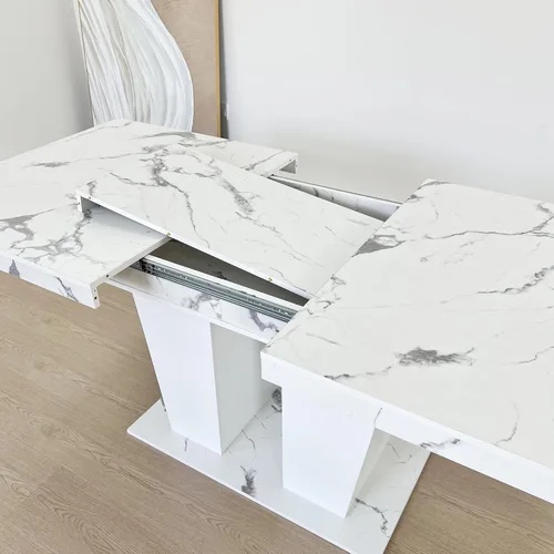 Miniatura 4 de Juego de mesa de comedor extensible de mármol sintético de 7 piezas para 6, mesa de comedor extensible blanca de 78.74 pulgadas con juego de 6