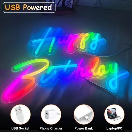 Miniatura 4 de Letrero de neón grande con texto en inglés «Happy Birthday» de «Happy Birthday» para decoración de pared, letrero LED para fiesta de cumpleaños