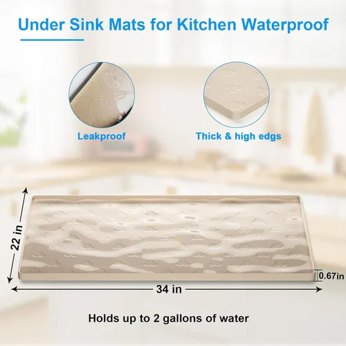 Miniatura 5 de Tapete para debajo del fregadero, tapete impermeable para gabinete de cocina de 34 x 22 pulgadas, forro de silicona flexible para debajo del Beige