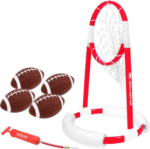 GoSports Splash Pass - Juego de fútbol flotante para piscina, incluye aro, 4 balones de fútbol y bomba
