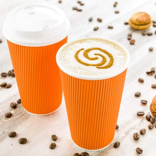 Miniatura 7 de Restaurantware Tazas de café desechables de pared ondulada de 16 onzas, 500 vasos de papel naranja aislados, diseño de borde enrollado, las tapas se