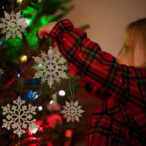 Miniatura 2 de Decoraciones para árbol de Navidad, adornos de copo de nieve, 36 piezas de copos de nieve colgantes de plástico con purpurina azul y plateado
