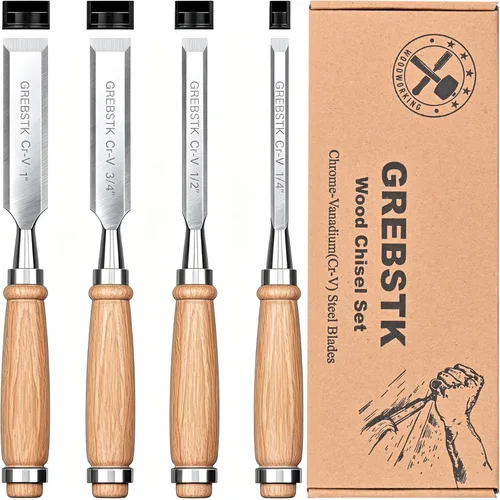 GREBSTK Juego de 4 cinceles de madera con borde biselado de acero CRV y tapas de seguridad para carpintería y proyectos de bricolaje de 1/4", 1/2",