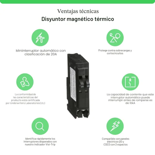 Miniatura 2 de Square D - Disyuntor mini tándem, QO, 2 x 1 polo a 20A, 120/240VAC, 10kA, montaje por enchufe, paquete de grapa - QO2020C