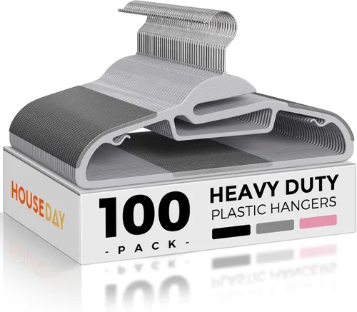 HOUSE DAY Paquete de 100 perchas de plástico resistentes, perchas delgadas grises que ahorran espacio, perchas duraderas en forma de S Gris claro +