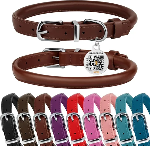 Miniatura 14 de BRONZEDOG Collar de perro de cuero enrollado para perros pequeños, medianos y grandes con etiqueta de identificación QR (ciruela, XS: 9-11 pulgadas)