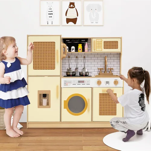 Miniatura 8 de Costzon Juego de cocina para niños, juguete Montessori de madera para niños pequeños de juego de simulación con puerta de ratán, luz y sonido, Ratán