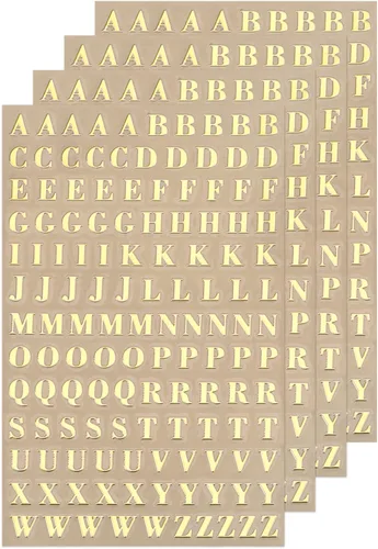 MECCANIXITY 4 hojas de calcomanías de resina con letras pequeñas 3D de la A a la Z, color dorado, mini calcomanías del alfabeto, aleación metálica