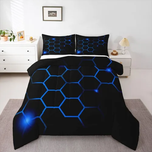 Miniatura 9 de Juego de ropa de cama geométrica azul y negro para niños, niñas, adolescentes, niños, decoración moderna con patrón abstracto, juego de edredón