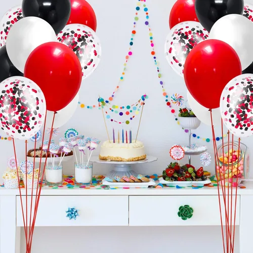 Miniatura 6 de Globos de látex de confeti negro y rojo, paquete de 60 globos de fiesta de confeti negro y rojo de 12 pulgadas para el día de la madre, cumpleaños