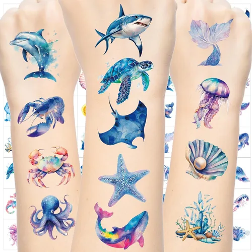 80 PCS Individually Wrapped Ocean Sea Animal Temporary Tattoo for Teens -Super Cute Themed Birthday Party Favors, Pre-Cut Fake Tattoo Stickers,